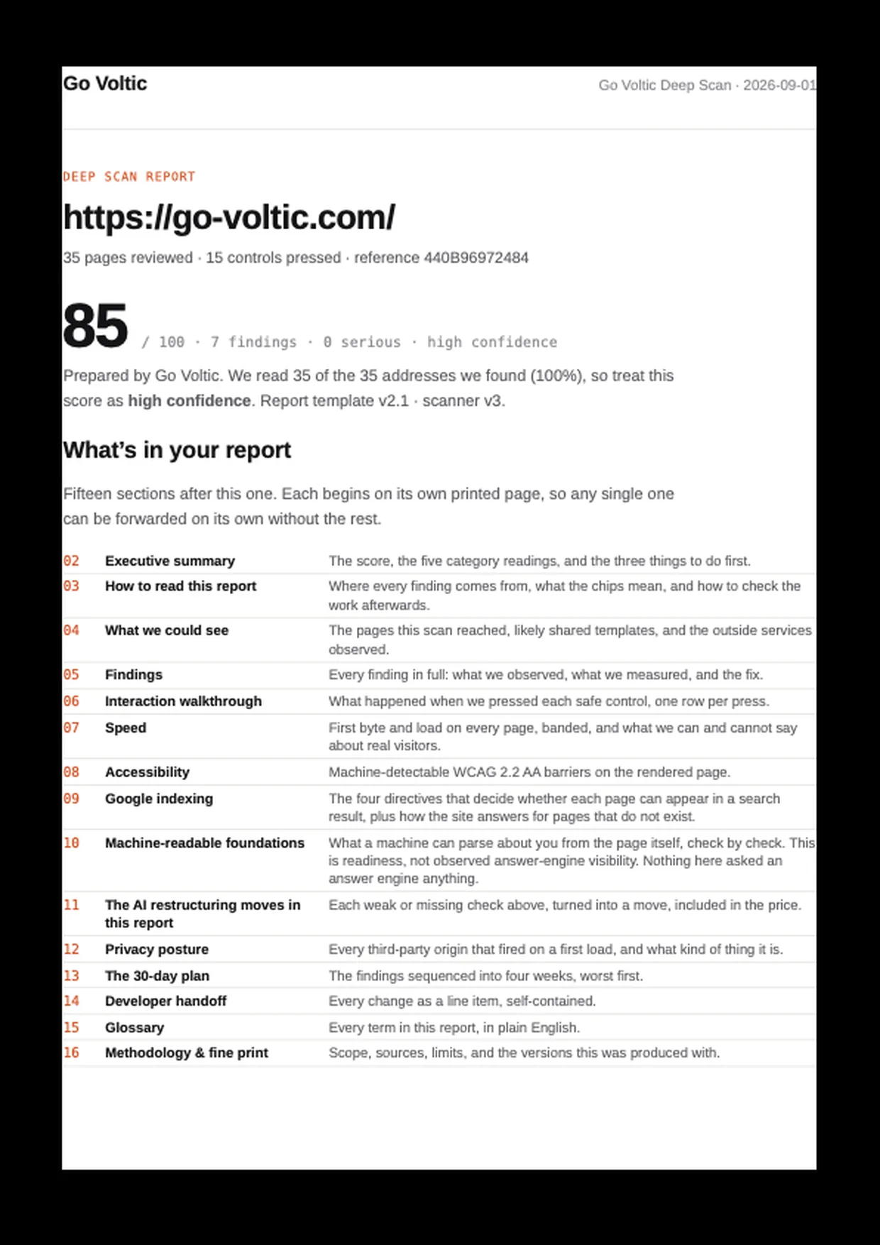 Cover and contents page of the Deep Scan report. The score, the coverage it is based on, and every section listed with the page it starts on.