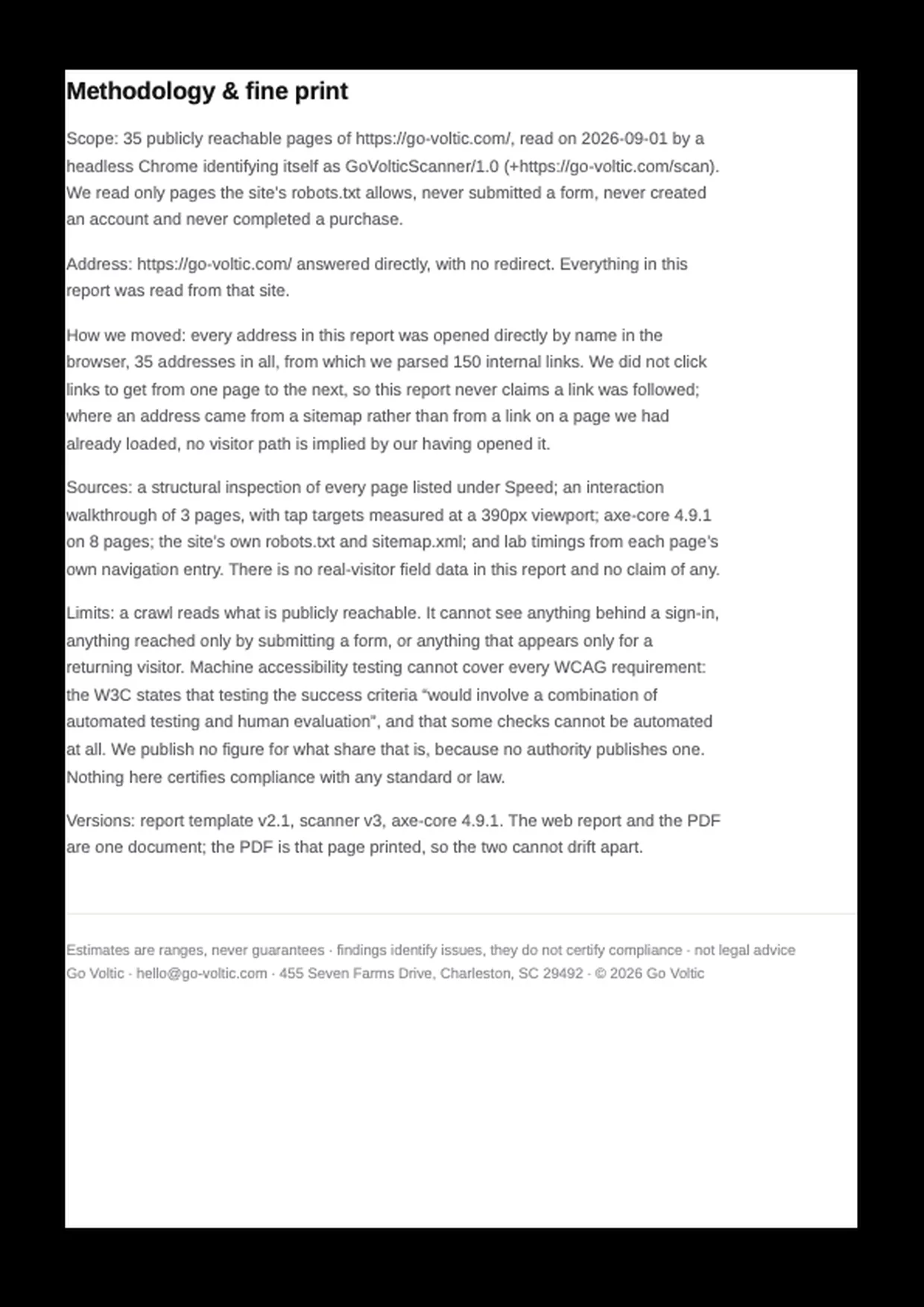 Methodology and fine print page of the Deep Scan report. Scope, sources, limits, and the versions this was produced with.